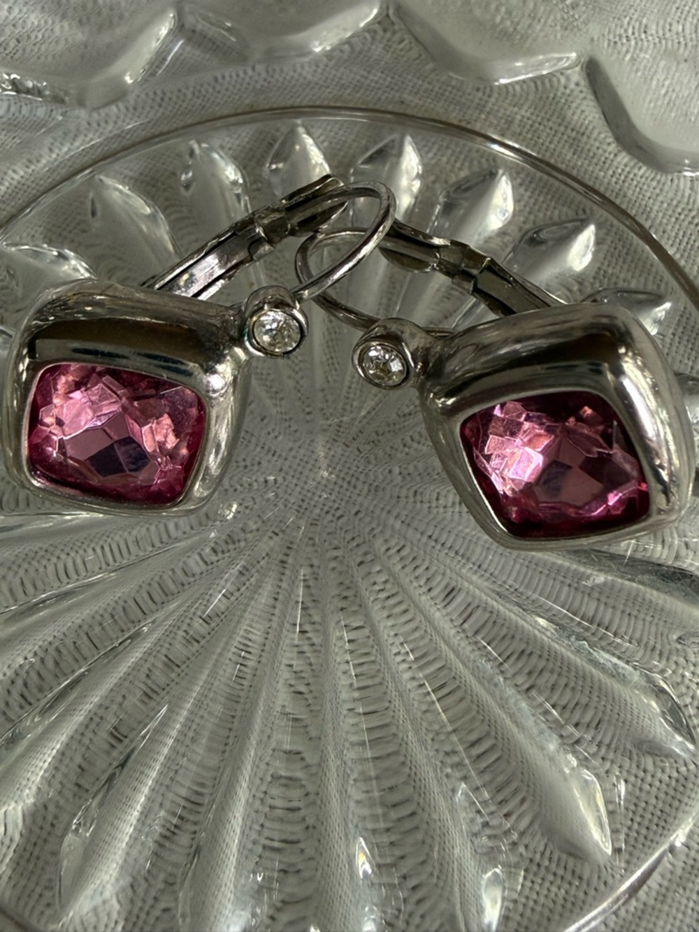 Vintage Joan Rivers Silver-Tone Pink Cushion Cut Crystals Drop Earrings